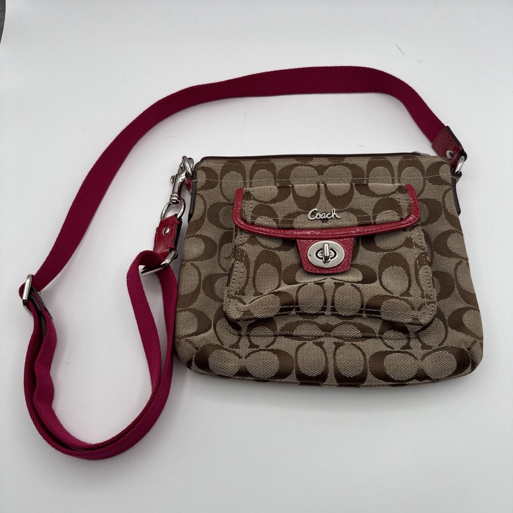 Coach Signature C Logo Crossbody Purse Brown Fuscia Pink Small Bag